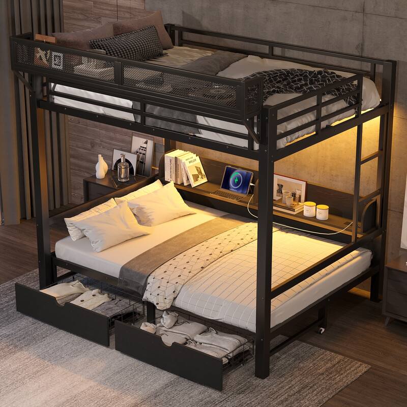 Twin XL over Twin XL Bunk Bed with Storage & Drawers, USB Ports & LED Lights, Convertible Sofa Lower Bed - Full