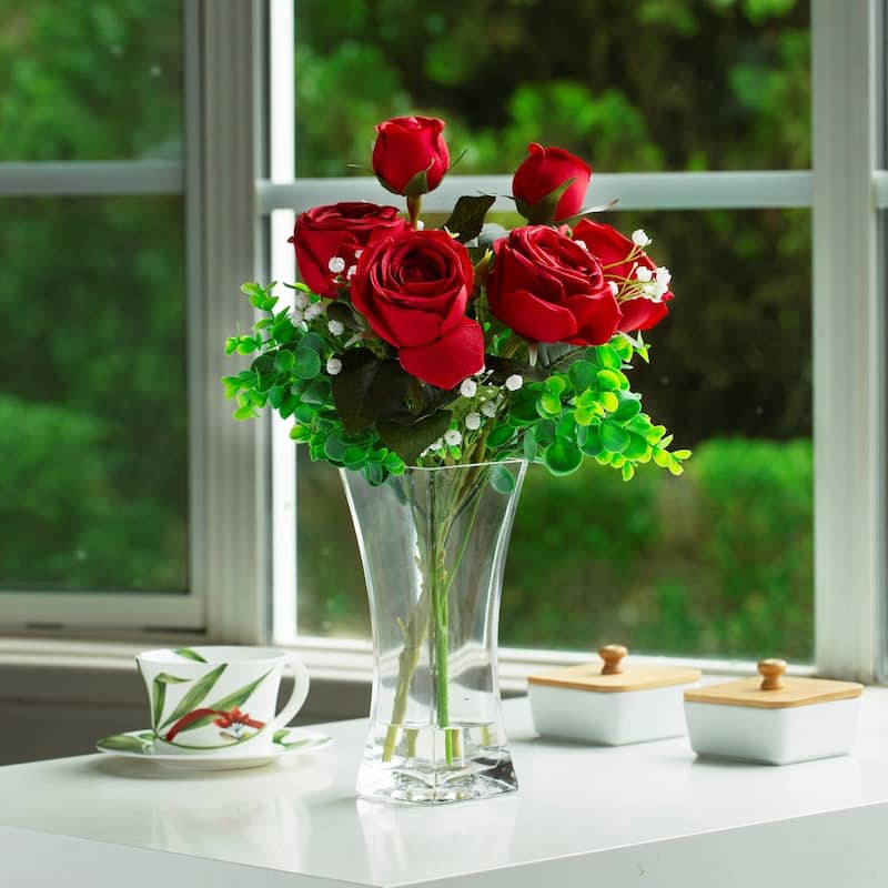 Mixed Artificial Rose Floral Arrangements in Vase Table Centerpieces for Dining Room Decoration