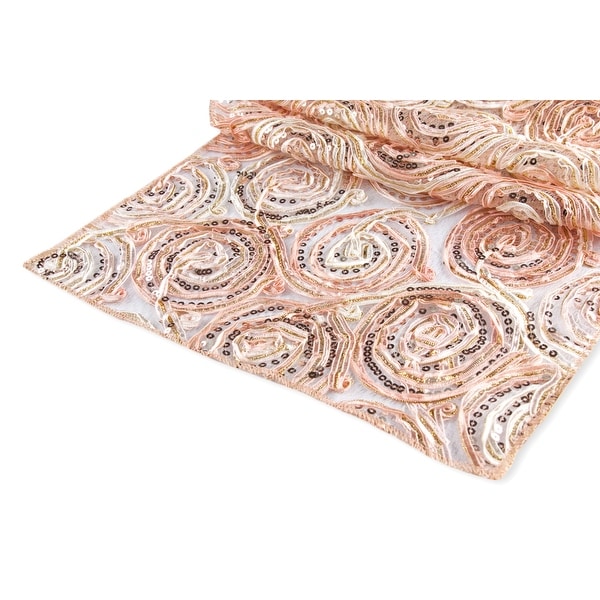 Ribbon Embroidery w/Sequin Table Runner Approx. 12"x108" Material: Polyester, Organza, Sequin - Blush/Rose Gold, 1 Piece