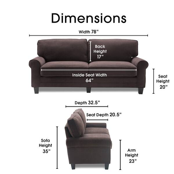 dimension image slide 3 of 11, Serta Copenhagen 78" Sofa Couch for Two People, Pillowed Back Cushions and Rounded Arms, Durable Modern Upholstered Fabric