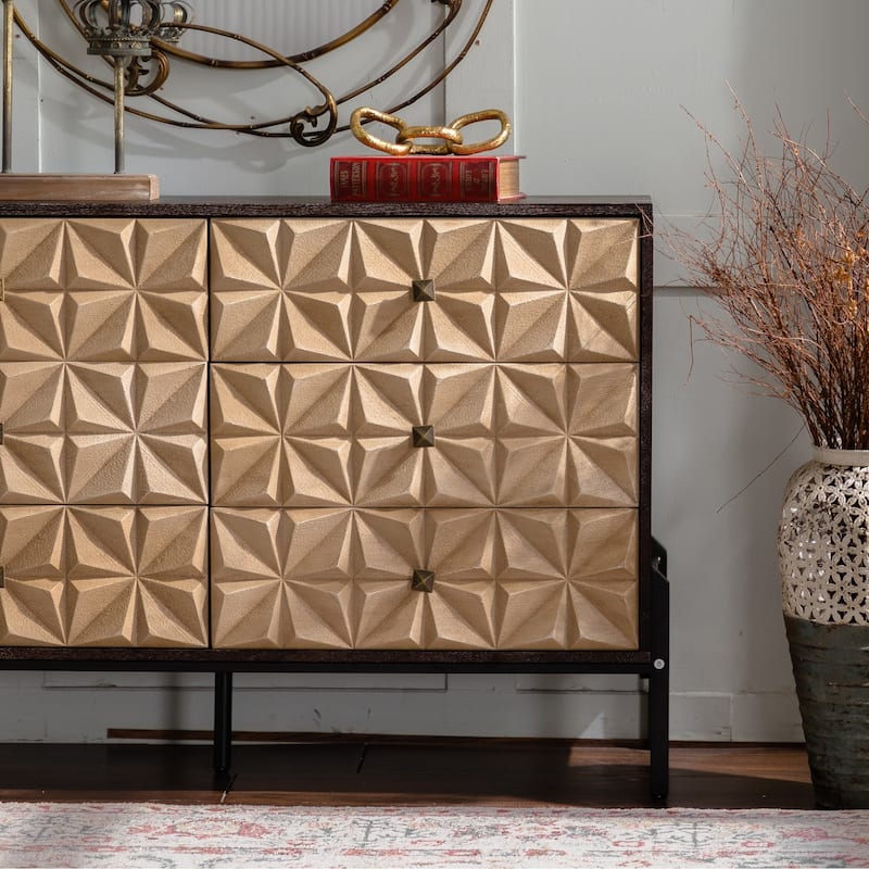 Roomfitters Solid Wood Sideboard Cabinet, Geometric Pattern Storage Console, Mid Century Modern Buffet for Living Room, Natural