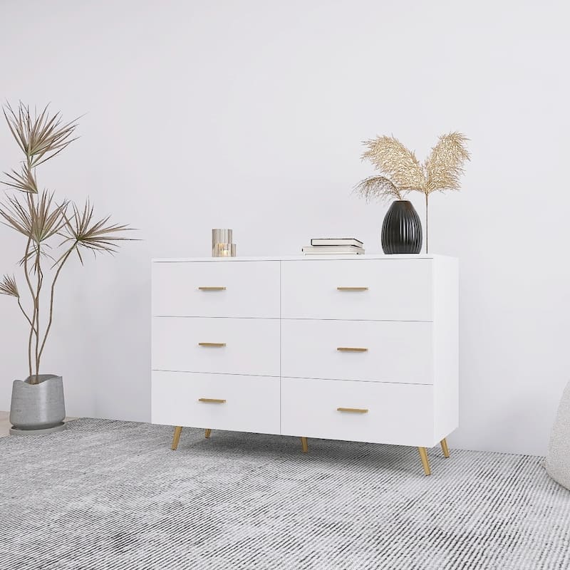 High Glossy Double Dresser with 6 Storage Drawers for Bedroom, Chest of Drawer Vanity with Golden Handle Legs