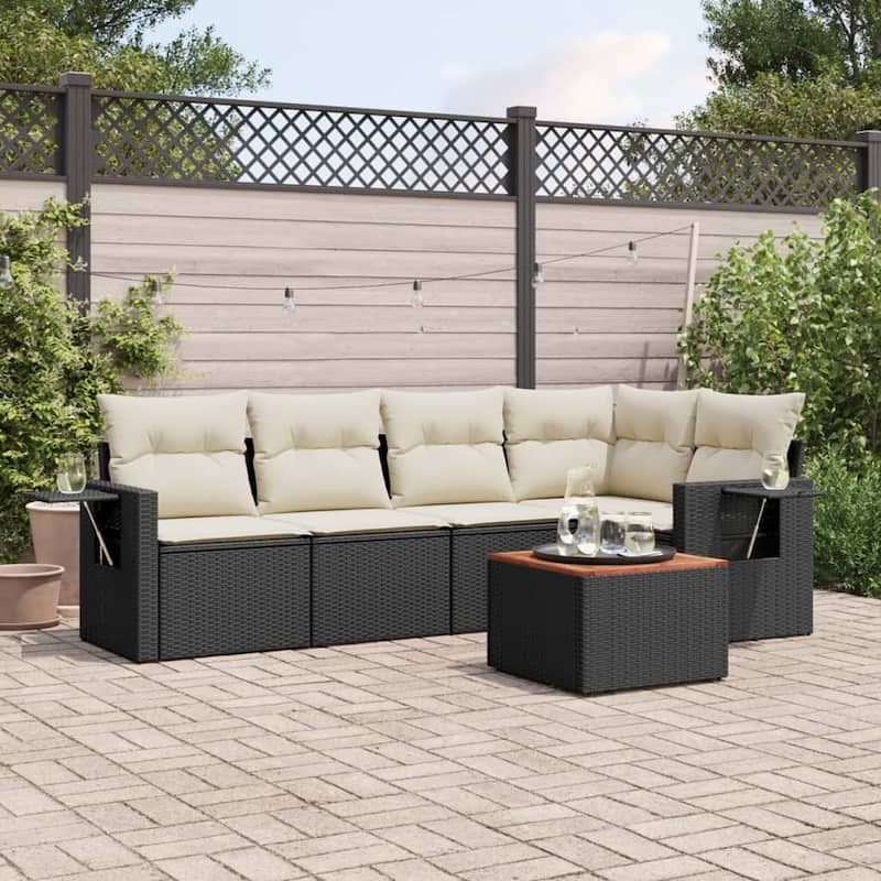 vidaXL Patio Sofa Set with Cushions Outdoor Furniture 6 Piece Poly Rattan - Black and Cream - 24.4 x 25.8 x 27.2