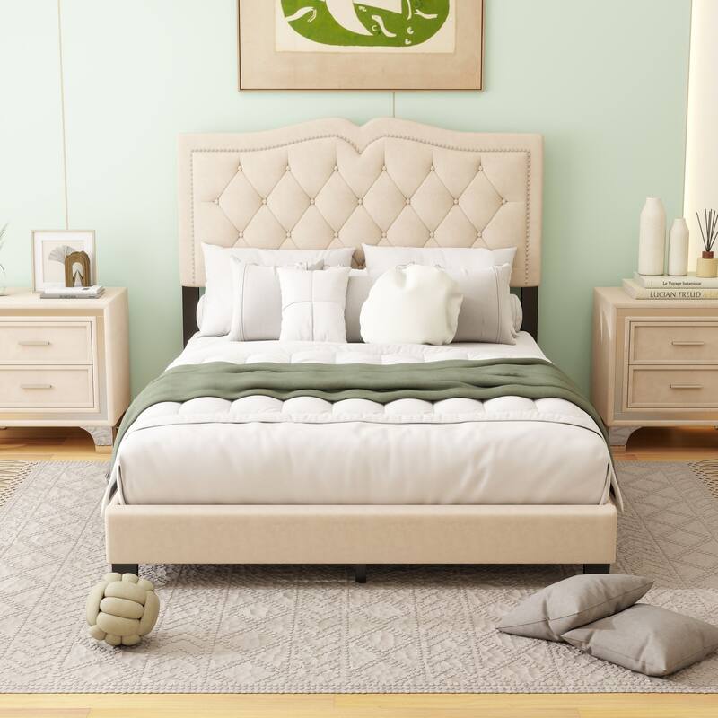 Upholstered bed frame with rivet design - Beige - Full