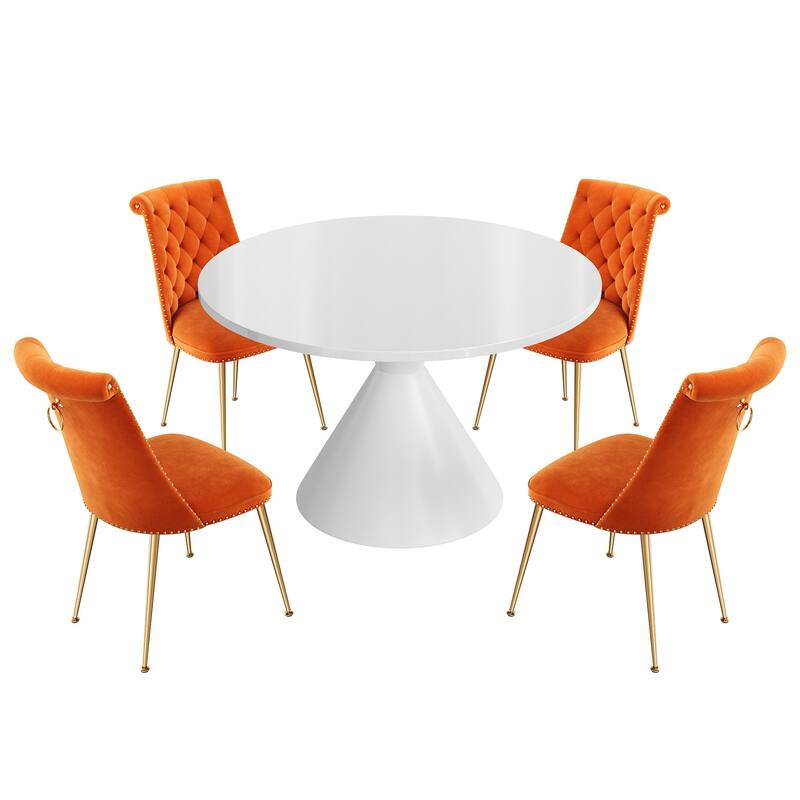 48" Light Luxury White High Gloss Large Countertop Dining Table with Velvet Dining Chair Set - Orange
