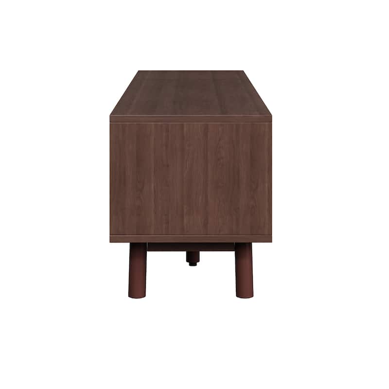 Dark Brown Solid Wood TV Stand for 75" TVs，TV Console with Soft-Closing Door and Drop-Down Door Cabinet