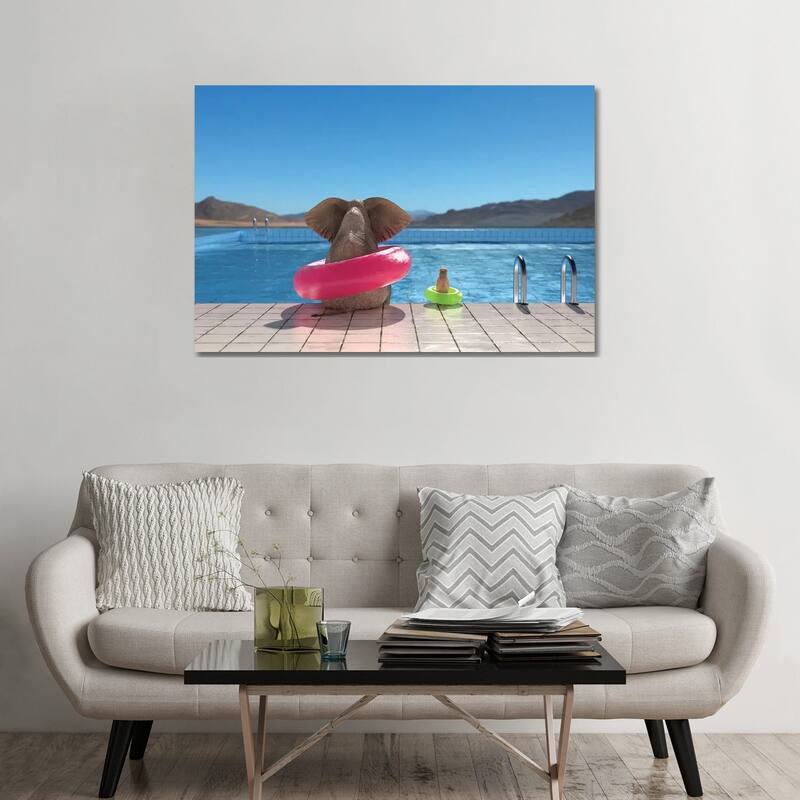 iCanvas "Elephant And Dog Sit On The Edge Of The Pool II" by Mike Kiev Canvas Print - 32x48x1.5