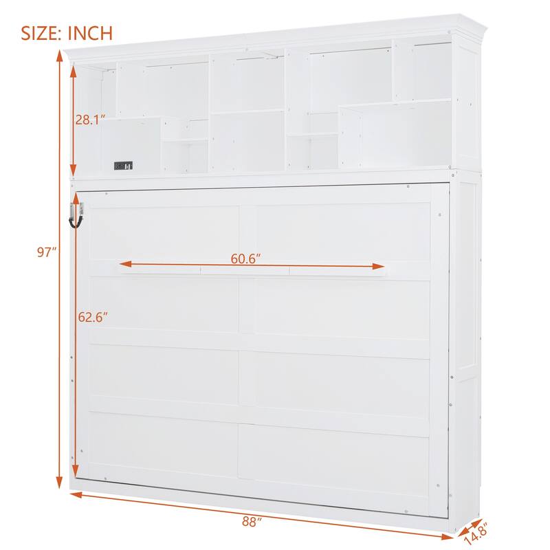 Queen Size Murphy Wall Bed with Storage Shelves and USB Ports, Foldable Cabinet Design