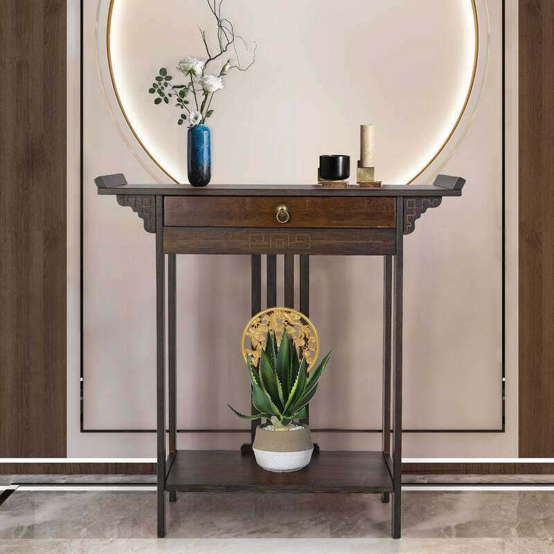 Gold Relief Dragon Totem Brown Console Table Entryway Table with Drawer and Bottom Shelf - 32.09x12.6x32.28''