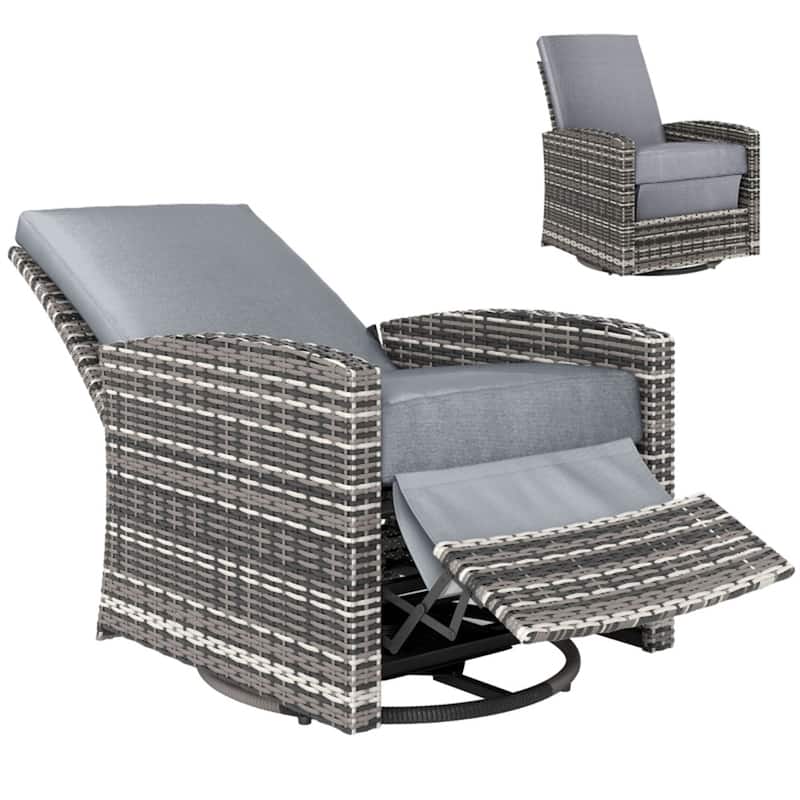 Grey Steel PE Rattan Outdoor Swivel Recliner Rocking Chair with Cushions - 28.75" L x 37.5" W x 37" H - Grey