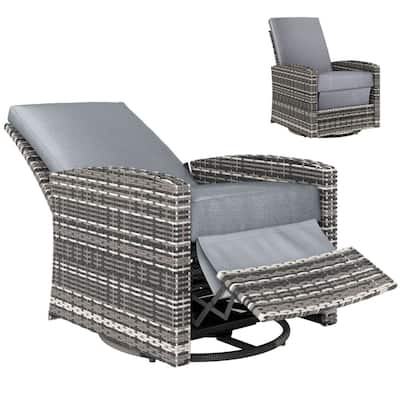 Grey Steel PE Rattan Outdoor Swivel Recliner Rocking Chair with Cushions - 28.75" L x 37.5" W x 37" H