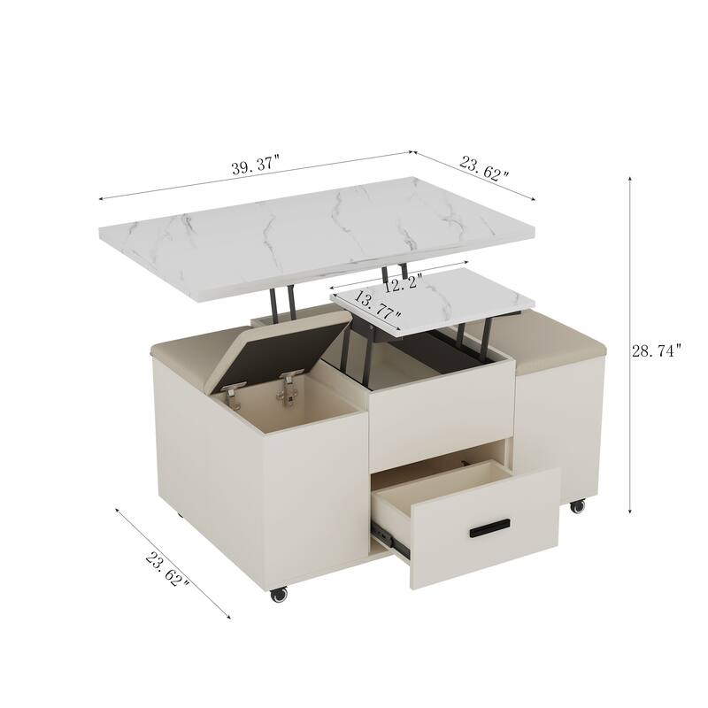 Lift Top Coffee Table Set with 4 Stools, Center Table with Hidden Storage & Drawers, Living Room Table with Lockable Wheels