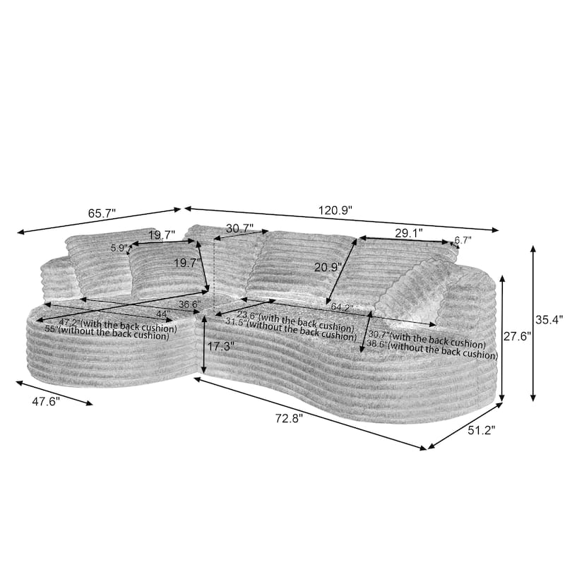 Curved Sectional Sofa with L-Shape Chaise Lounge, Oversized Corduroy Upholstered Sofa, Full-Compressed Deep Seat Sofa