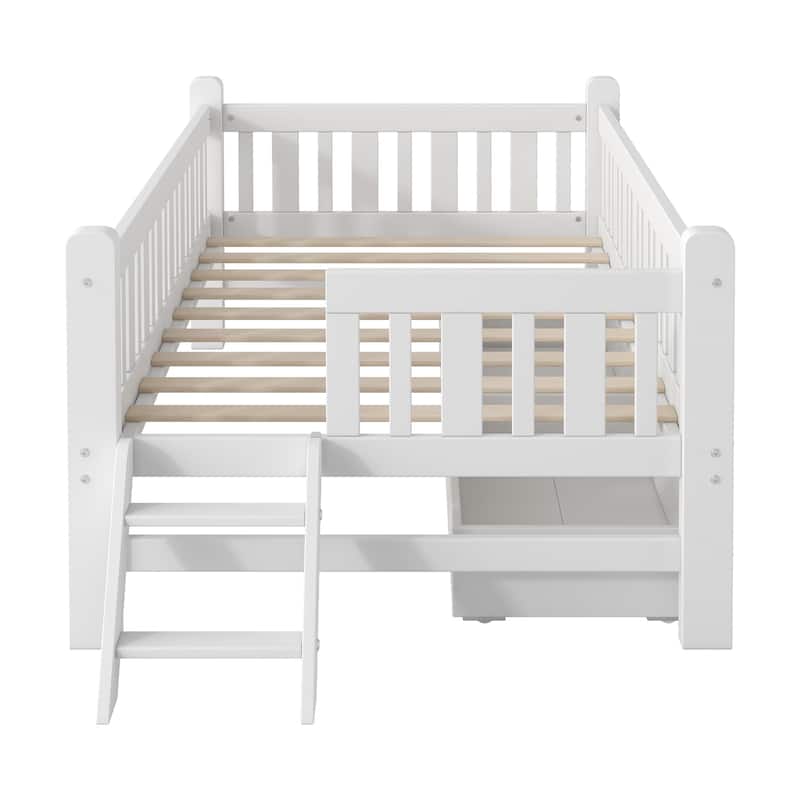 Twin Wood Platform Bed with Fence & 2 Drawers, No Box Spring Needed