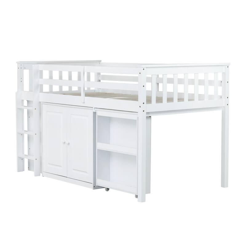 Twin Rubber Wood Loft Bed with Cabinet, Drawer, Shelf,Pulling-Out Desk