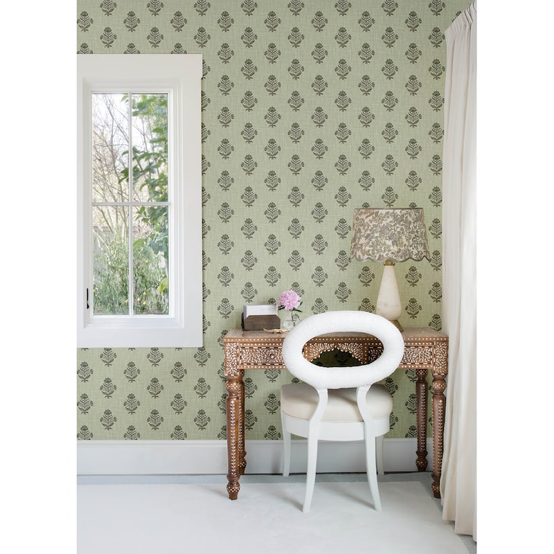 Chesapeake Hollyhock Green Floral Crest Wallpaper