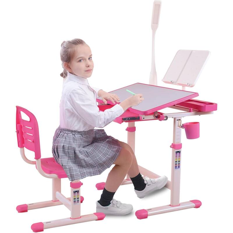 Adjustable Kids Desk and Chair Set with Tilt Desktop LED Lamp Storage Accessories Ergonomic Study - 15.0" x 15.0" x 21.3"-30"