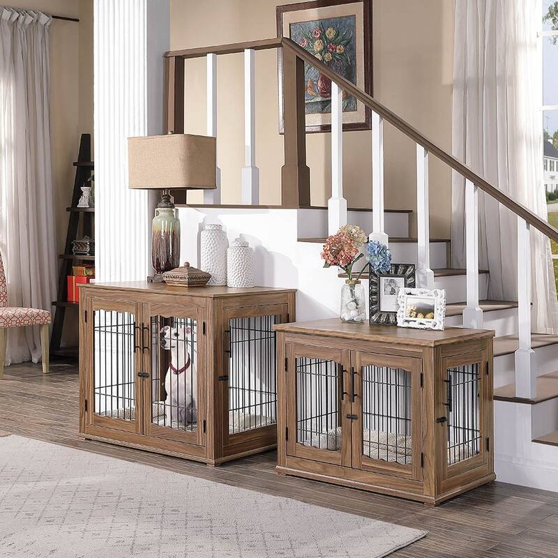 unipaws Pet Crate End Table, Double Doors Dog Kennel with Pet Bed