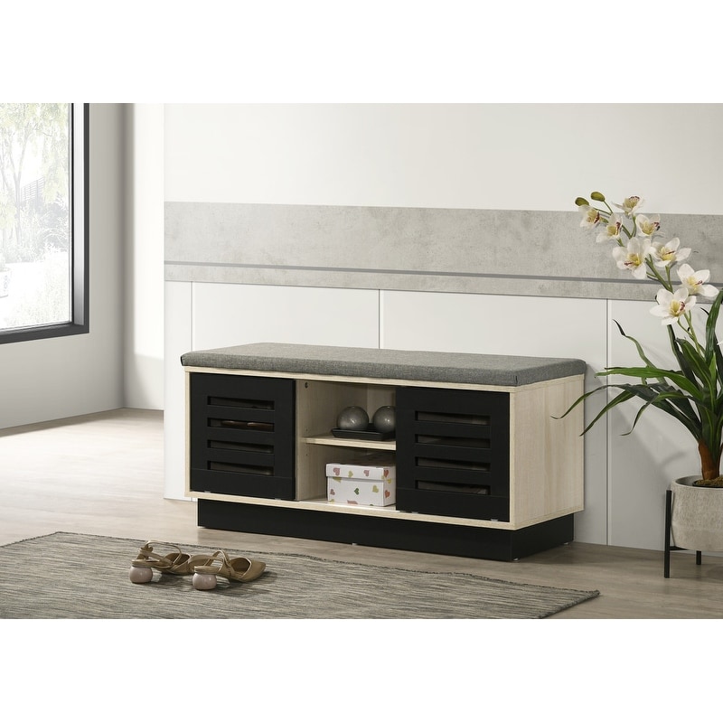 38.5"W Oak Finish Shoe Cabinet with Sliding Doors, Upholstered Top