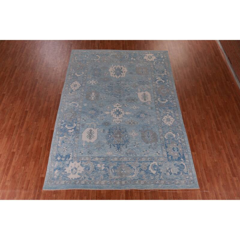 Hand Knotted Oriental 100% Wool Carpet Transitional All-Over Navy Blue & Blues Oushak Area Rug - 12' 9'' X 9' 1''