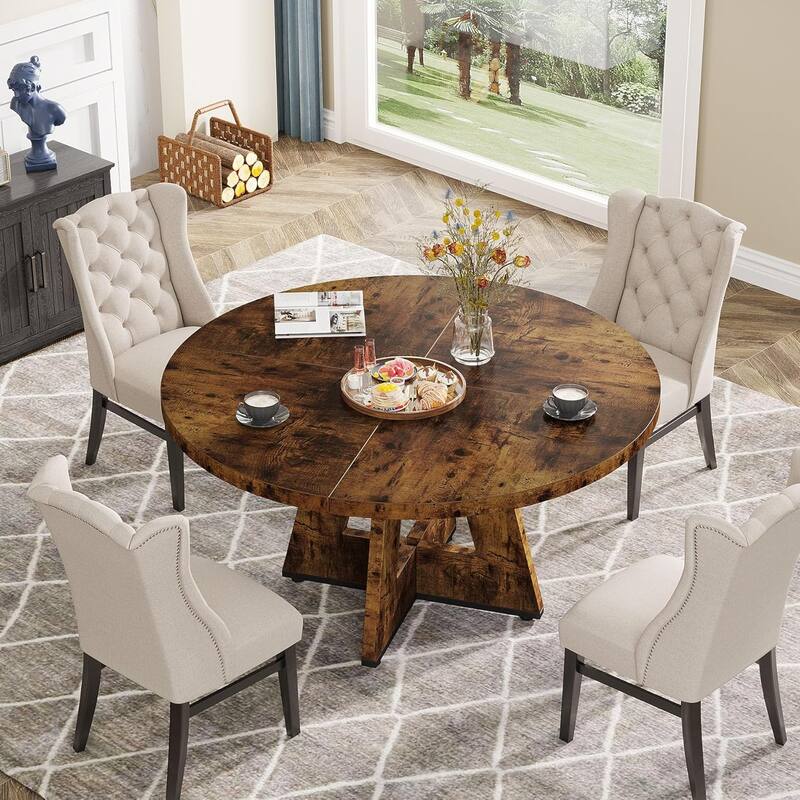 47" Round Wood Dining Table 4-Seater Farmhouse with Wooden Tabletop Cross Base for Dining Room/Kitchen