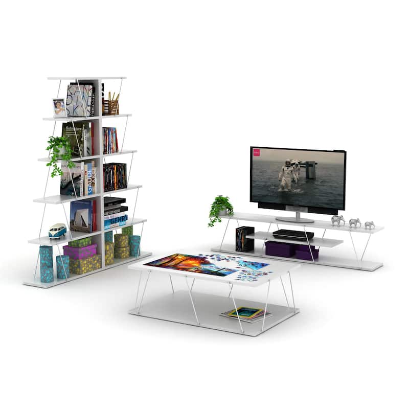 FurnisHome Store Tars Mid Century Modern Tv Stand 4 Shelves Open Storage Metal Cords Entertainment - White