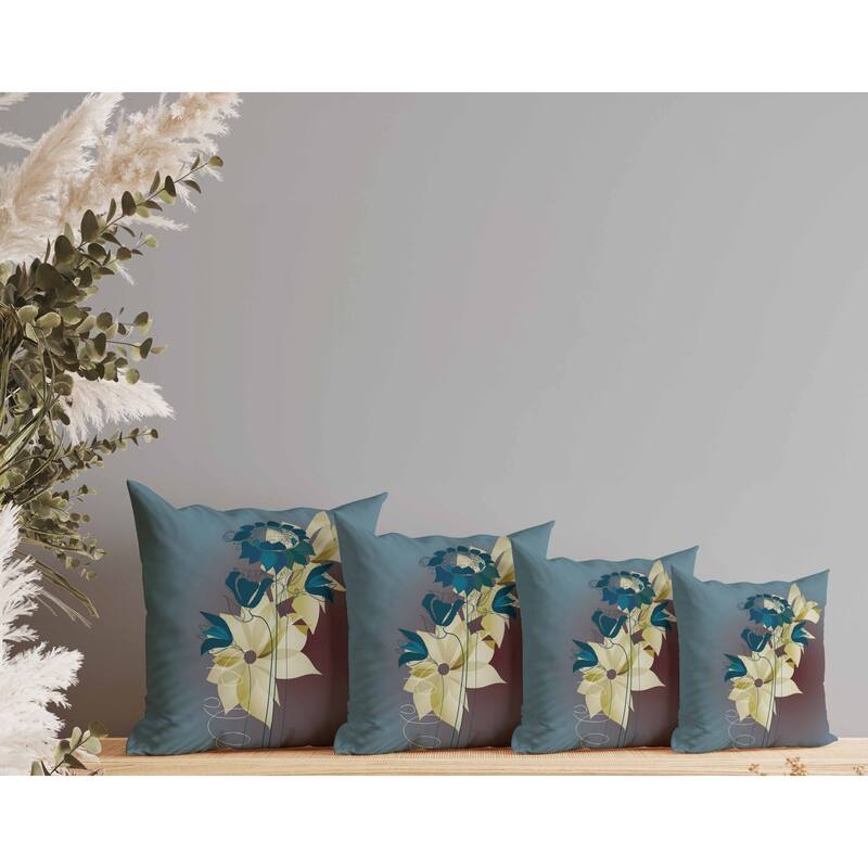 Flowers Line Art Indoor/Outdoor Reversible Throw Pillow Blue and Brown