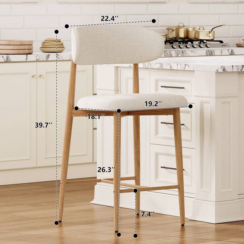 Set of 2 Beige Counter Height Bar Stools, Modern Upholstered Counter Stools with Metal Legs for Kitchen Island Dining Room