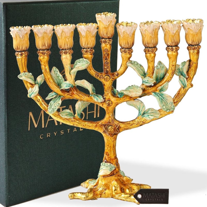 Matashi Hand Painted Enamel Menorah Candelabra w/ Tree & Flower Buds Design & Spinning Dreidel Holiday Ornaments w/ Crystals