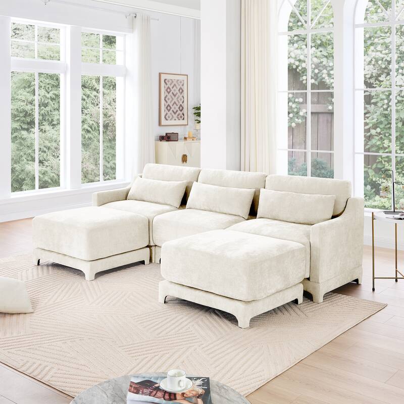 105.9" Chenille 3-Seater Sofa with 2 Ottomans, Lumbar Pillow & Wooden Base - Beige