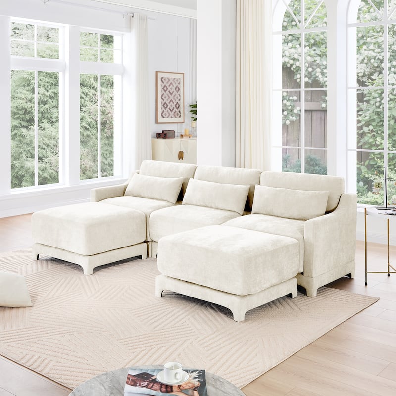105.9" Sectional Modular Couch Sofa with Removable Ottomans & Lumbar Pillow, Chenille Fabric 3-Seater Lounge Sofa with Wood Base - Beige-2 Ottoman