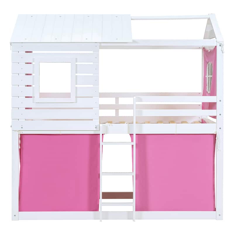 Pink+White Twin Size Solid Wood House Bunk Bed with Tent, Ladder and Fence for Kids, Bedroom