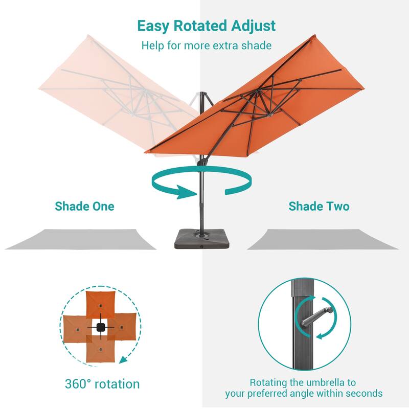 BONOSUKI 10x10FT Cantilever Patio Umbrella Infinite Angle Adjustment w/Base