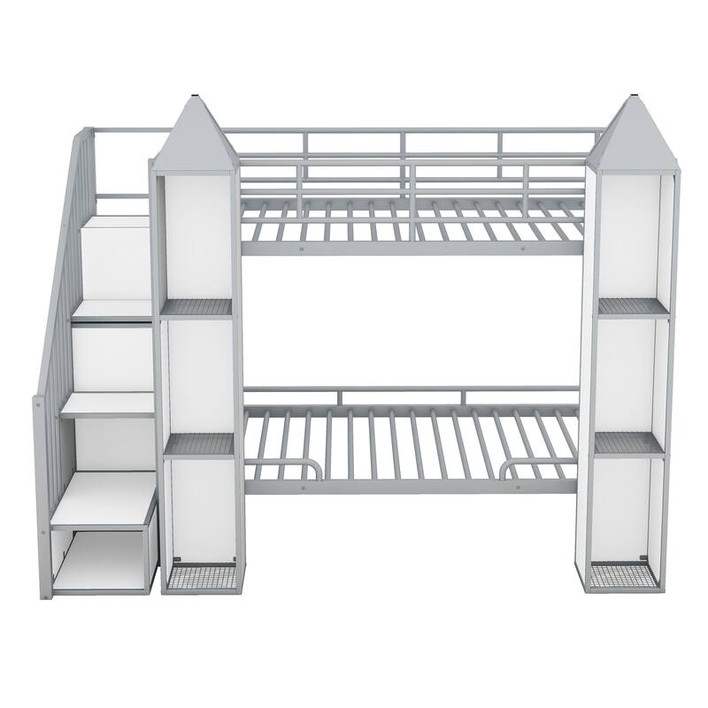 Twin Metal Castle Bunk Bed with Wardrobe, Staircase, and Cabinets