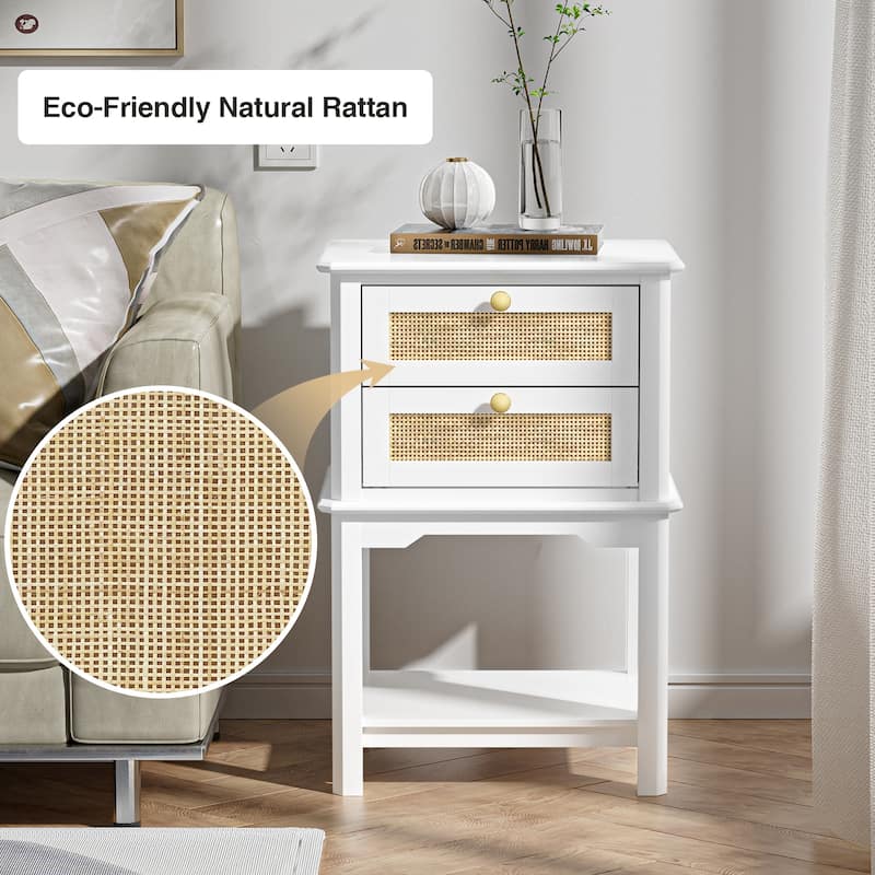 Modern 27.95"H Tall 2-Drawer White Nightstand Wood Rattan Side End Table for Bedroom with Storage Shelf