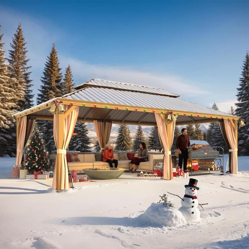 Outdoor Hardtop Gazebo with a Wood-Look Aluminum Frame, Double Galvanized Steel Roof, and Premium Curtains & Netting