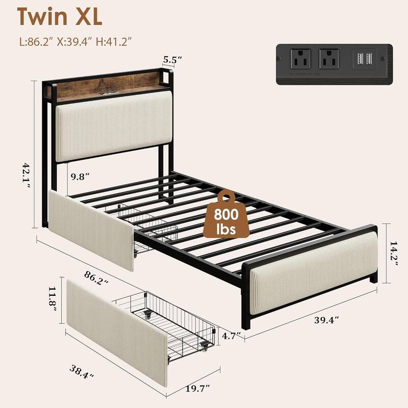 Twin XL Size Platform Bed Frame with 2 Storage Drawers and Charging Station