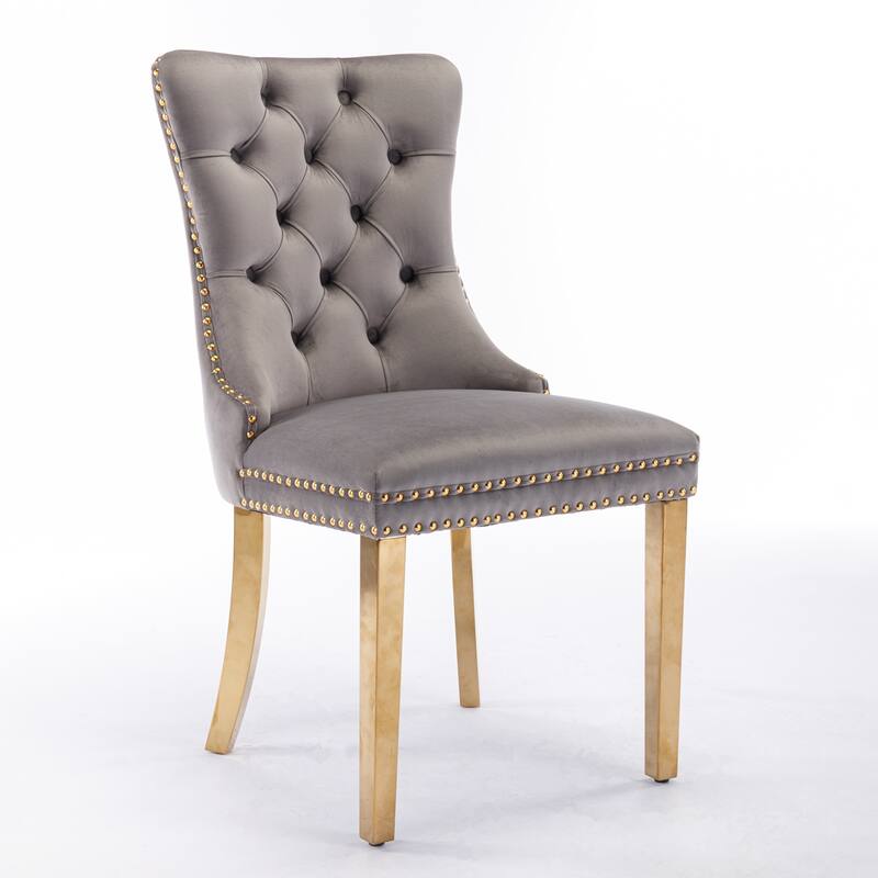 Tufted Dining Chairs Set of 2, Velvet Upholstered Dining Chairs with Stainless Steel Plating Legs & Nailhead Trim for Kitchen