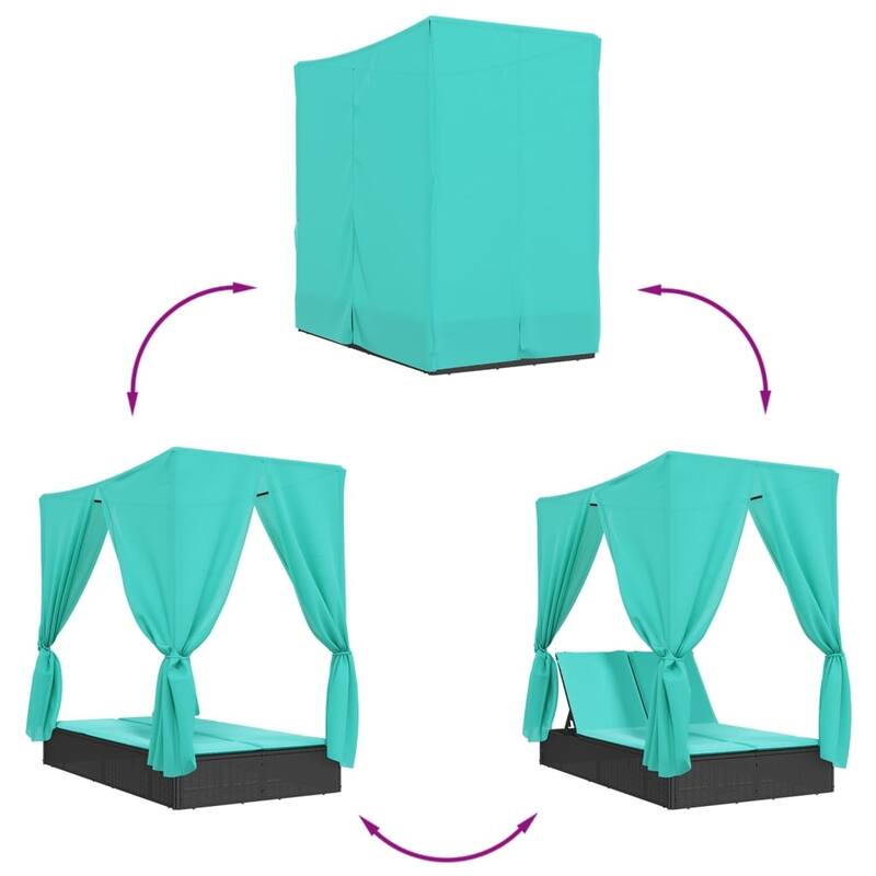 vidaXL Double Sun Lounger with Roof and Curtains Brown/Gray/Black Poly Rattan - 78.7" x 44.9" x 77.2"