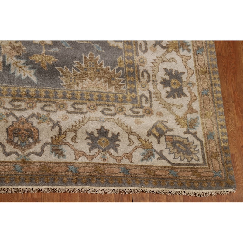 Geometric Gray Oushak Indian Area Rug Hand-Knotted Wool Carpet - 9'3"x 11'8"