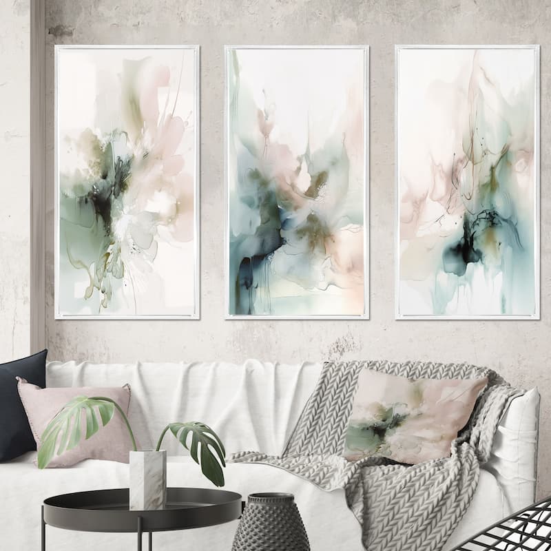 Designart "Green And Cream Essence Of Modernity III" Abstract Framed Wall Art Set Of 3 For Living Room Decor
