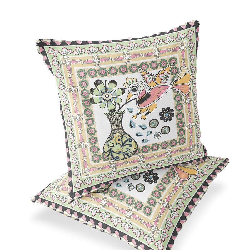 HomeRoots Set of Two 16" X 16" Green and White Peacock Blown Seam Floral Indoor Outdoor Throw Pillow - 16.00' X '16.00' X '5.00