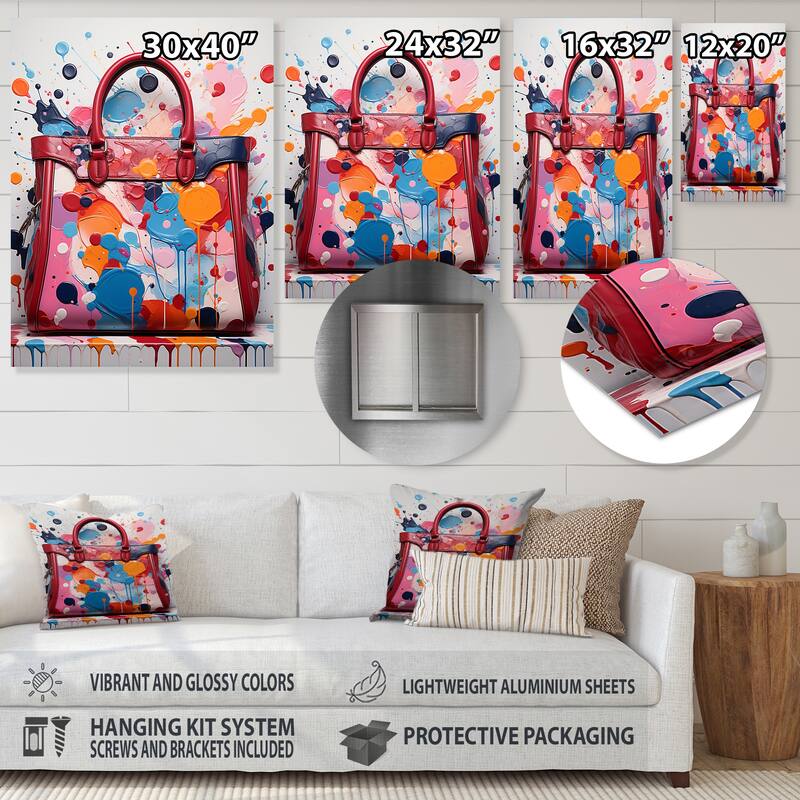 Designart "Pink And Blue Fashion Couture Handbag" Fashion Bag Metal Wall Art Pink Metal Wall Décor Glam Metal Art Work