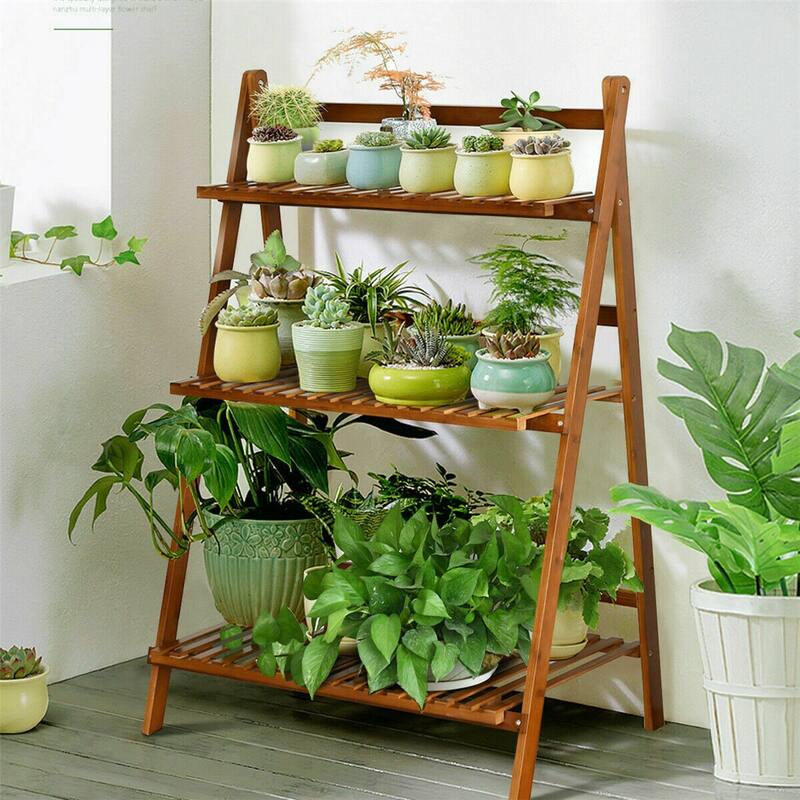Bamboo Wooden 3-Tier Ladder Plant Stand Foldable