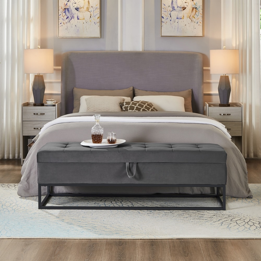 Velvet Upholstered Storage Seat Leisure Stool with Metal Frame, Exquisite End of Bed Corridor Stool with Button Tufting