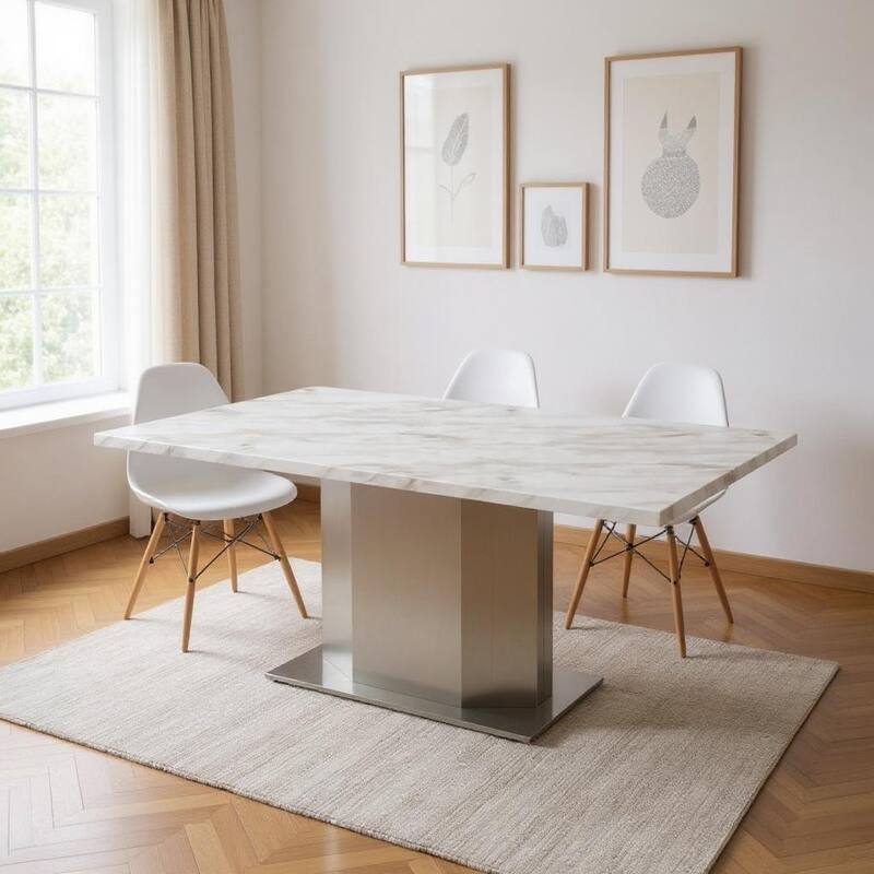 HomeRoots 79" Gray White and Silver Marble and Stainless Steel Pedestal Base Dining Table - 79.00 in. x 30.00 in. x 42.00 in. - White/Gray - 79.00 in. x 30.00 in.  x 42.00 in.