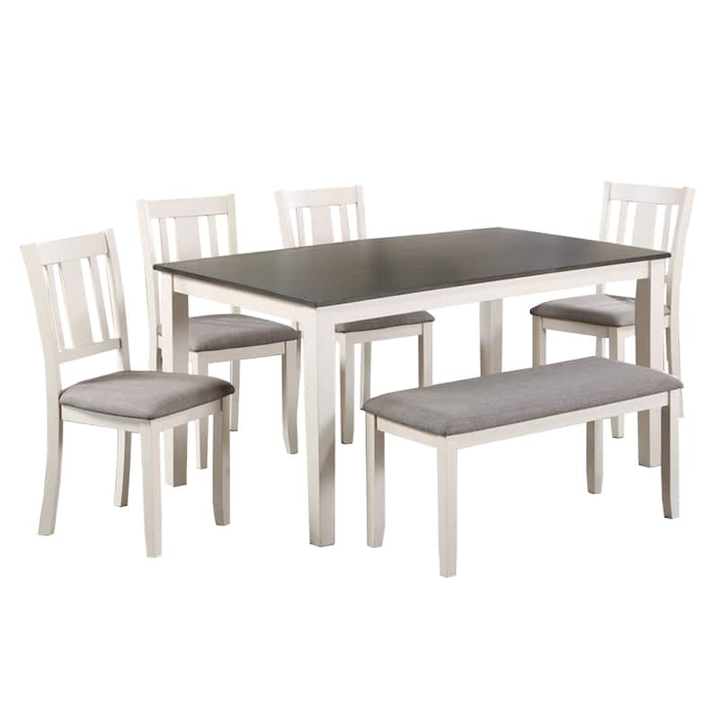 Casey 6 Piece Dining Table and Chairs Set with Bench, Farmhouse White, Gray - White, Gray