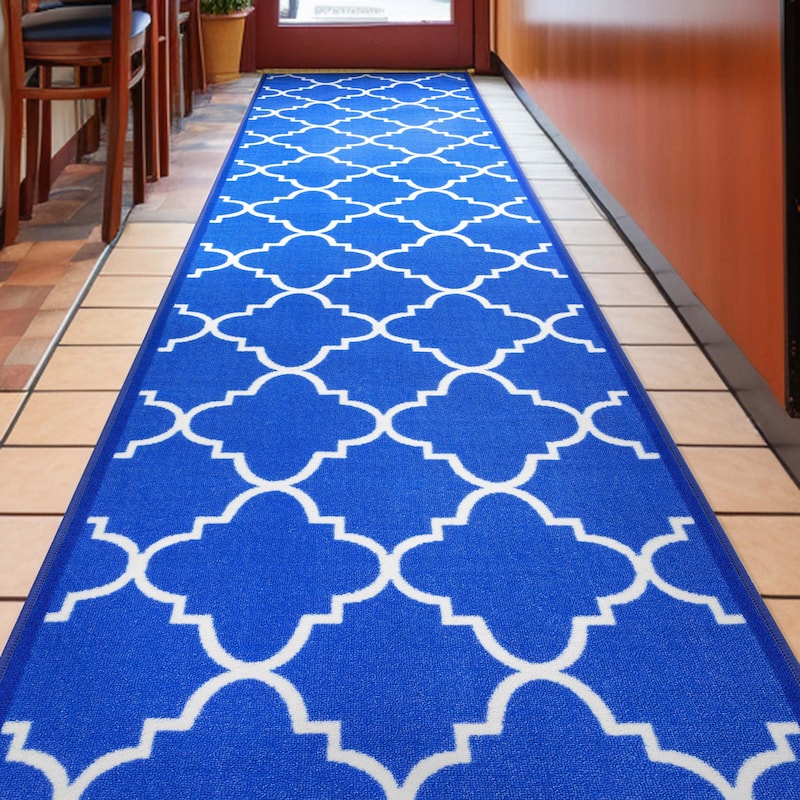 Custom Size Runner Kings Court Brooklyn Trellis Washable Stair Rug - 2' 7" x 7' 11" - Blue - Runner
