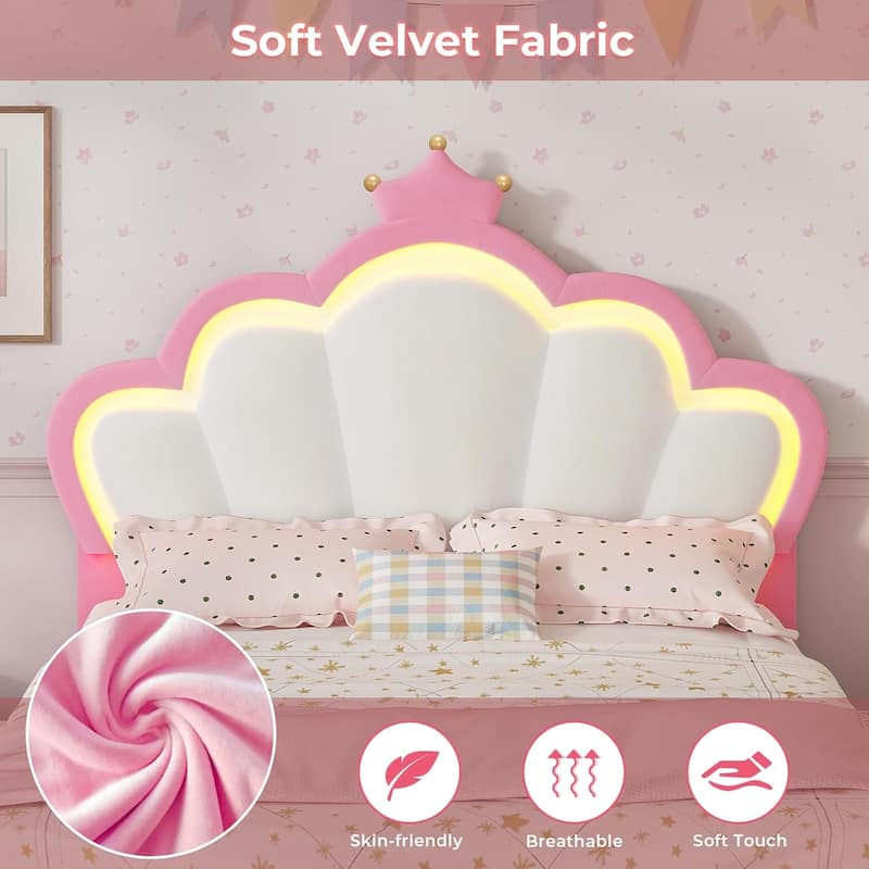 Bed Frame LED Lights Girls Bed Princess Crown Velvet Upholstered Platform Bed