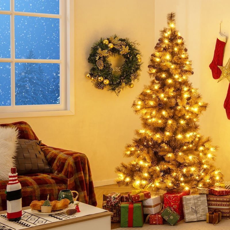 Gymax 6 FT Pre-Lit Artificial Christmas Tree Hinged Chocolate-Color
